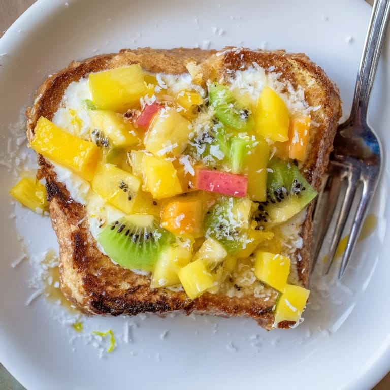 Brioche slices drizzled with honey and piled high with refreshing kiwi and mango.