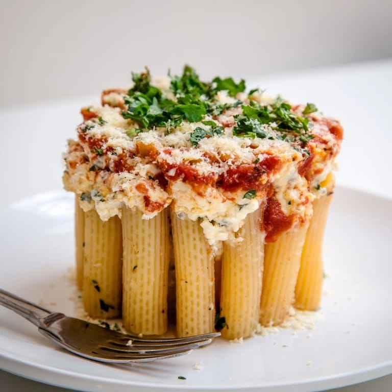 Delicious Honeycomb Pasta Cake topped with melted cheese and rich tomato sauce.  