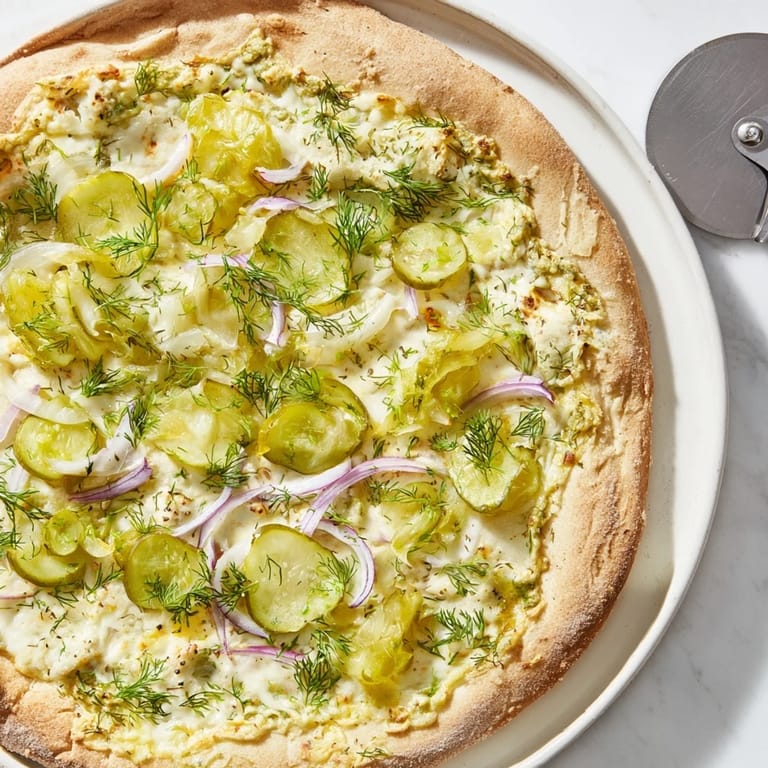 Sizzling and cheesy pickle pizza garnished with dill, perfect for adventurous eaters.