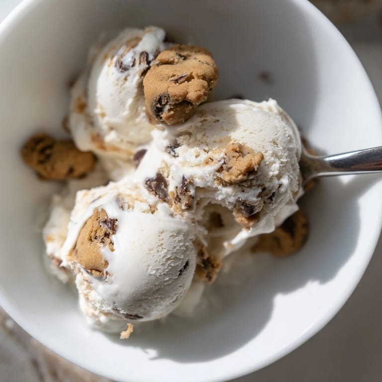 Creamy cottage cheese ice cream topped with rich chocolate chip cookie dough.  