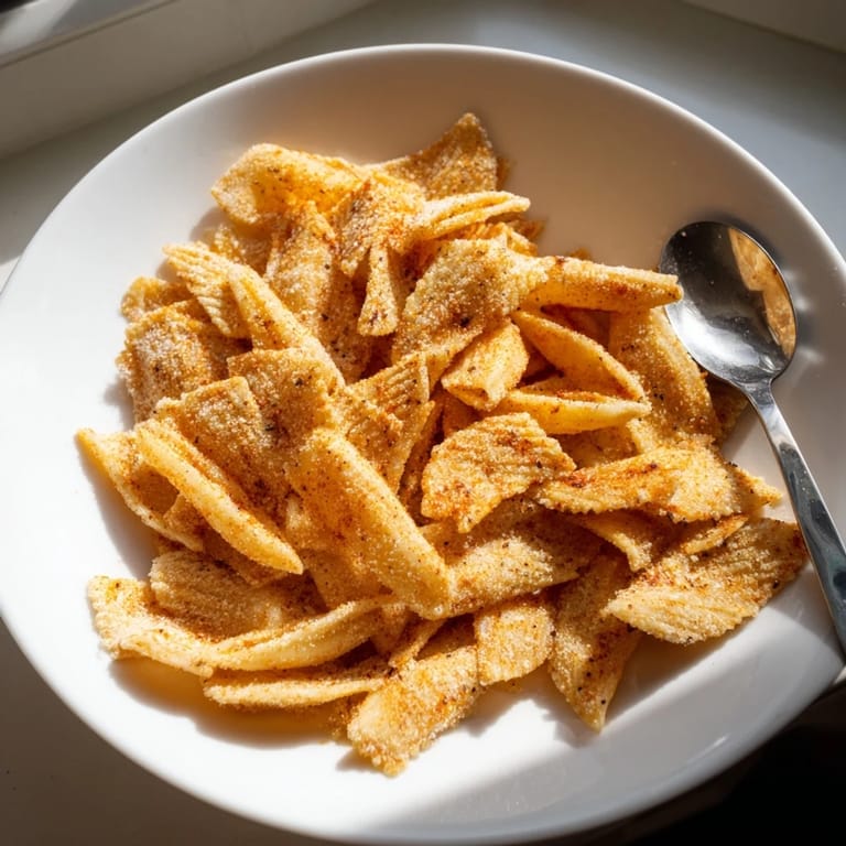Deliciously crunchy pasta chips tossed in flavorful spices for a delightful treat.