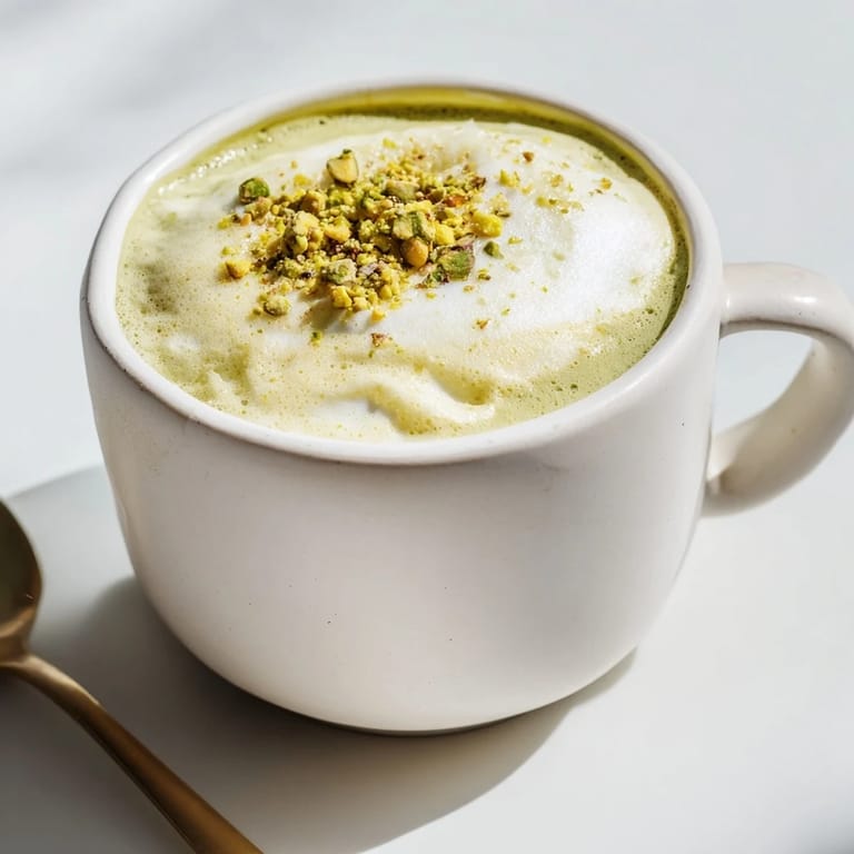Delicious pistachio milk latte garnished with pistachios, a nutty coffeehouse favorite.