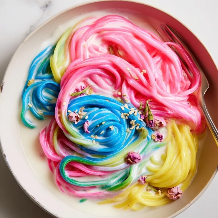 Vibrant Neon Noodle Cloud served on a plate, showcasing whimsical colors and creamy texture.  