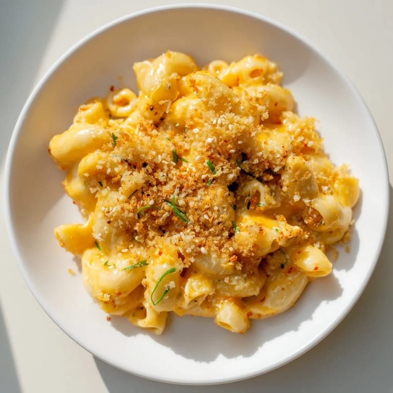 Decadent Spicy Kimchi Mac & Cheese, baking golden with a crispy panko topping.