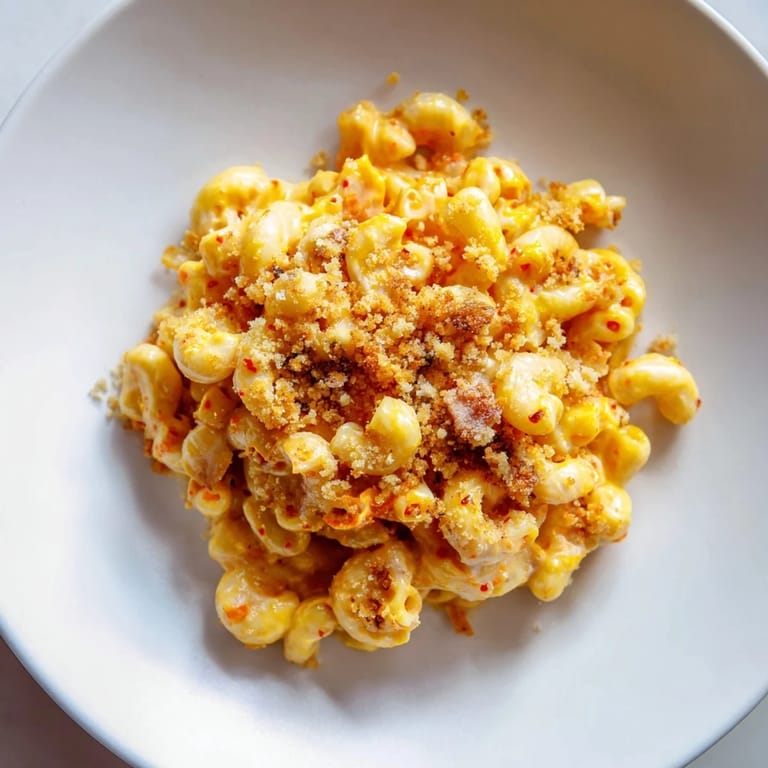 Savory Spicy Kimchi Mac & Cheese, a bold blend of cheeses and kimchi goodness.  