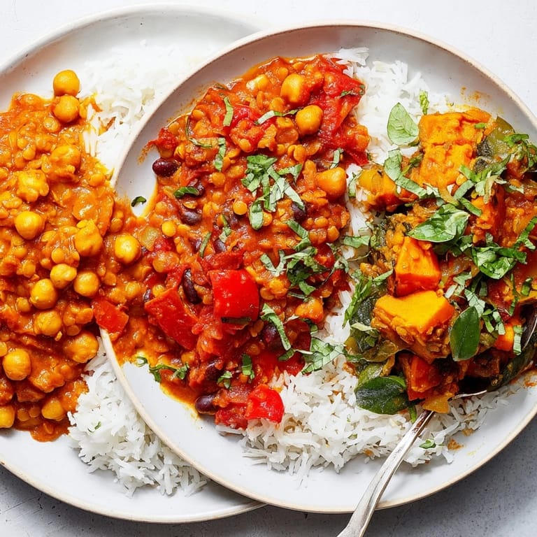 Aromatic Thai Red Lentil Curry steaming in a bowl, topped with fresh basil leaves.  