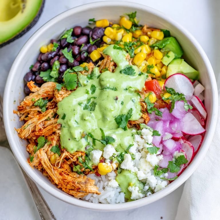 Savory green enchiladas rice bowl, featuring tender chicken and vibrant toppings.  