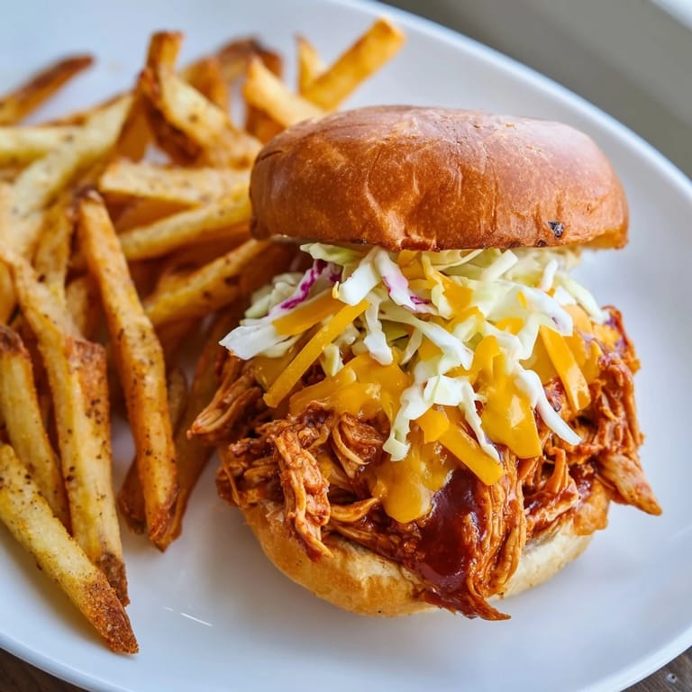 Delicious shredded BBQ Chicken Sliders nestled in soft buns, accompanied by fries.  