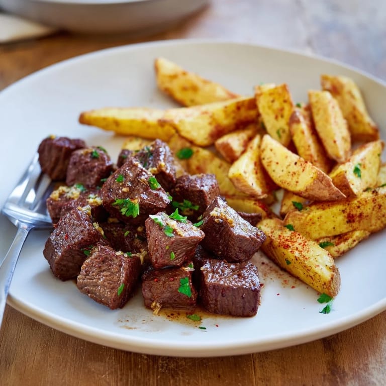 Sizzling Blackened Cajun Steak Bites, heavily seasoned with herbs and spices, shared with golden, crunchy fries.