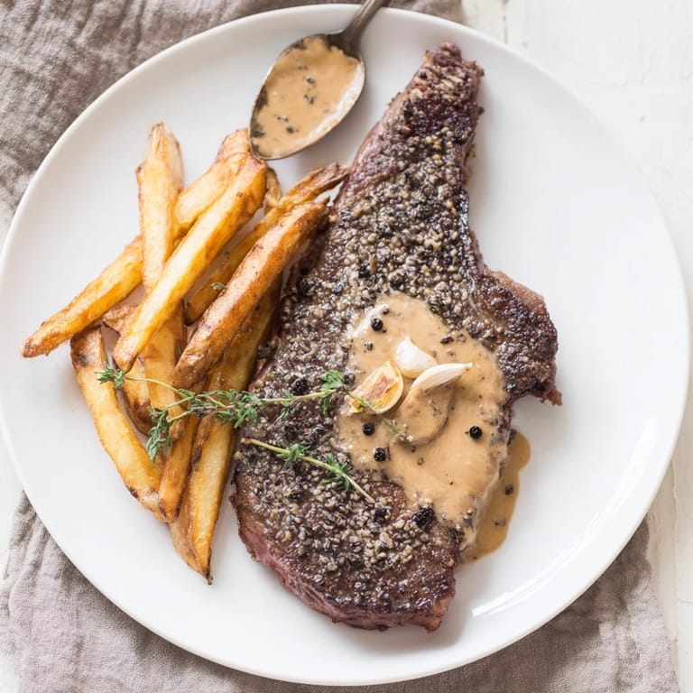 A close-up of a perfectly seared Classic Peppercorn Ribeye, served with tempting golden fries and sauce.