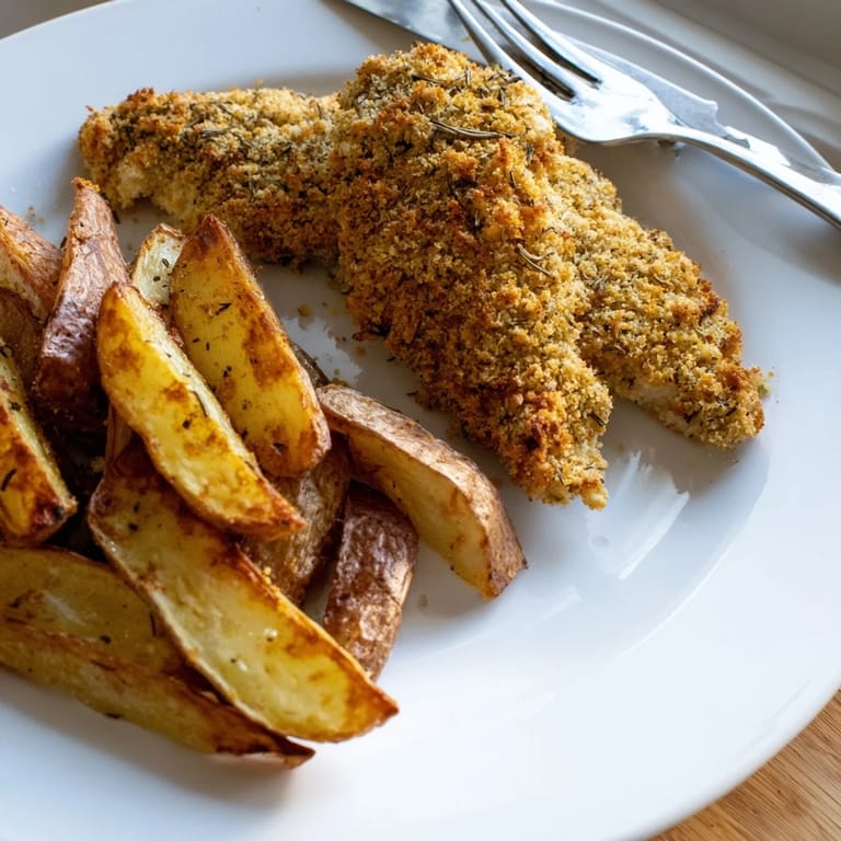 Close-up of crispy herbed chicken tenders and baked potato wedges, a delicious and easy recipe.