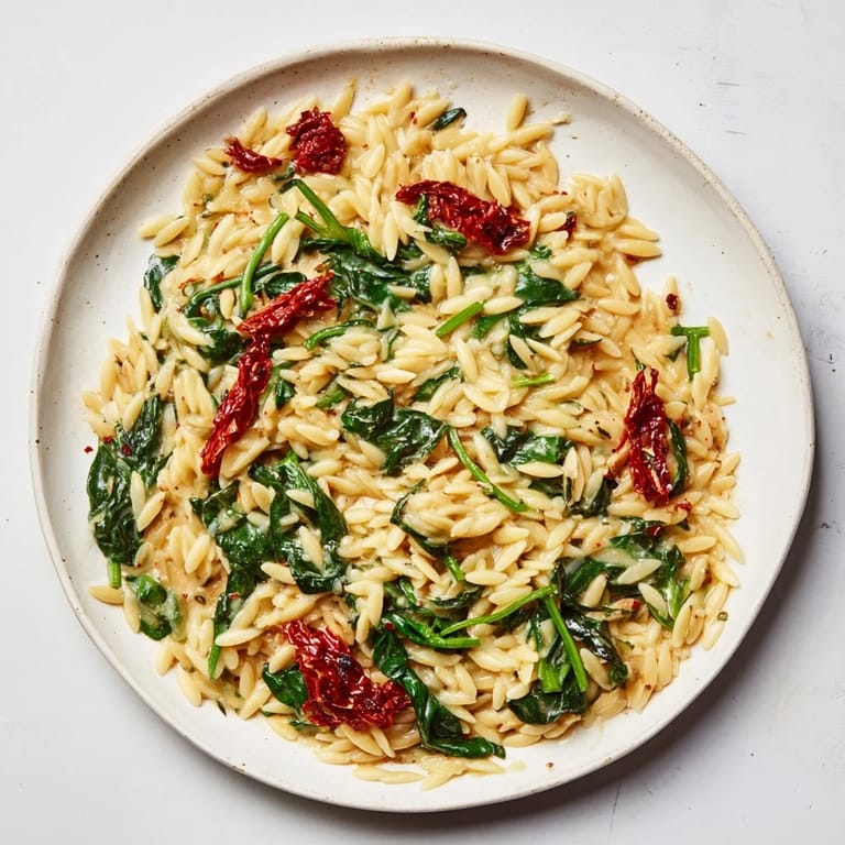 Hearty and flavorful Creamy Tuscan Orzo Bowl; a vegetarian delight with garlic Parmesan sauce, ready to serve.