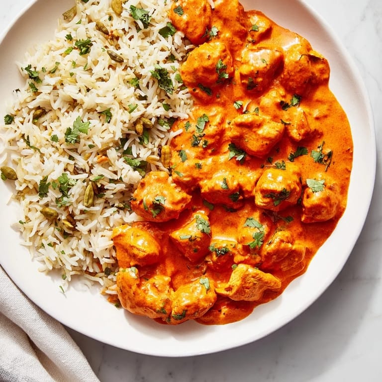 A beautifully plated dish of Butter Chicken, ready with flavorful rice pilaf for a flavorful meal.