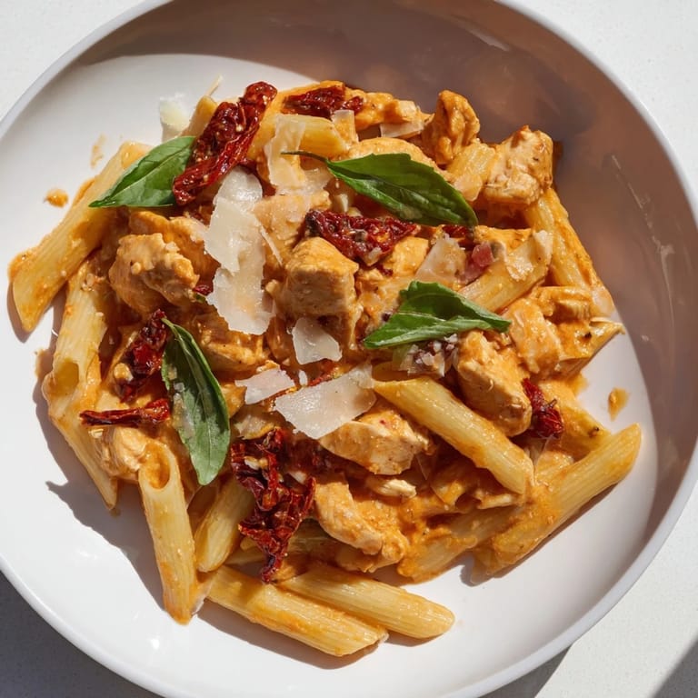 This image shows a bowl of steaming Creamy Tomato Basil Chicken Pasta ready to be enjoyed as a meal.