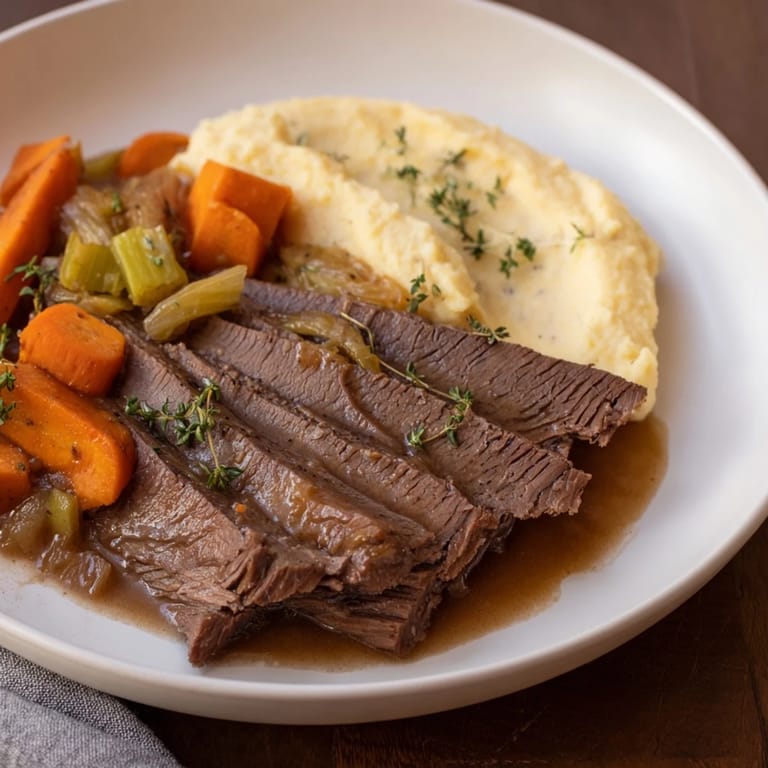 Hearty American meal: beautifully plated classic brisket with tender sweet potatoes, perfect for a feast.