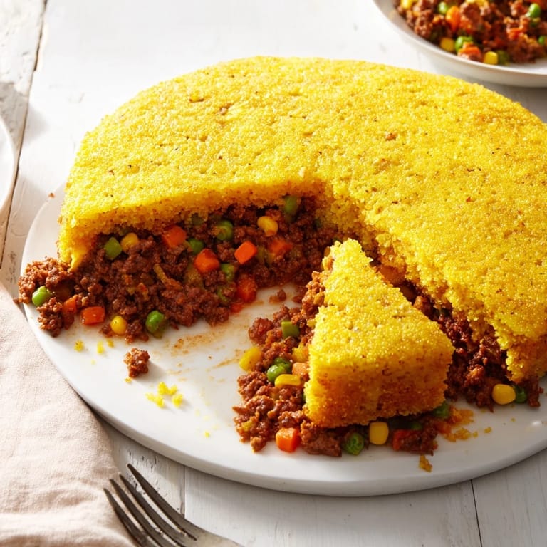 Steaming plate with a large slice of Cornbread Crusted Beef Pie, perfect for a cozy, family meal.