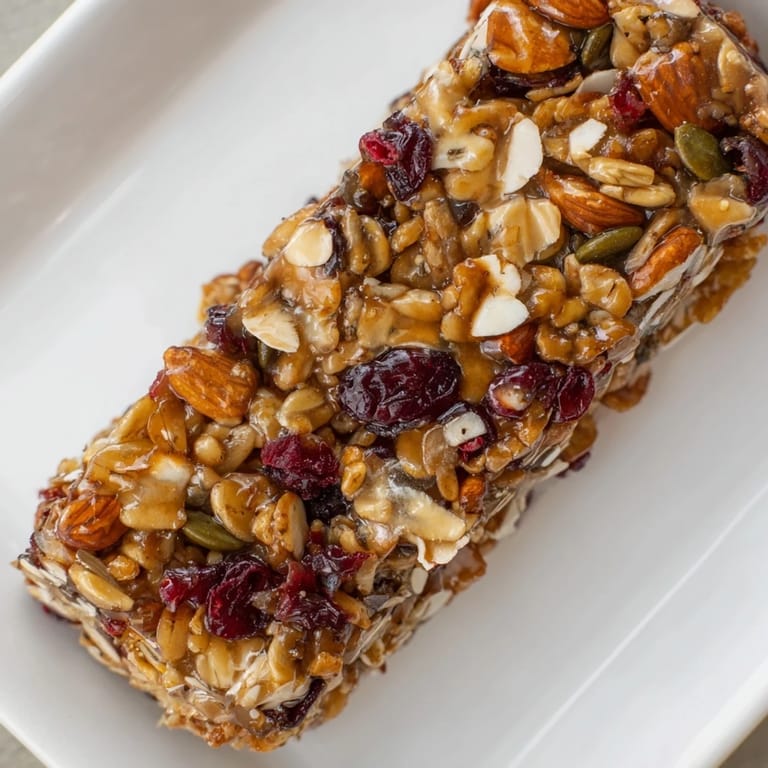 Freshly baked Roasted Pumpkin Seed & Cranberry Granola Bars, studded with cranberries and ready to enjoy.
