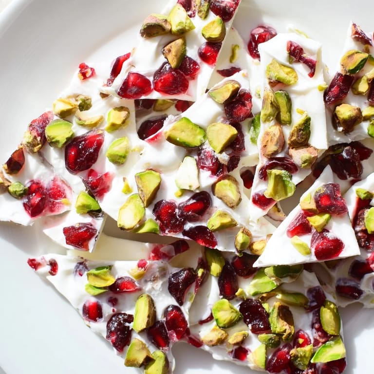 Creamy homemade Frozen Yogurt Bark dotted with jewel-toned pomegranate arils and green pistachios; a refreshing treat.