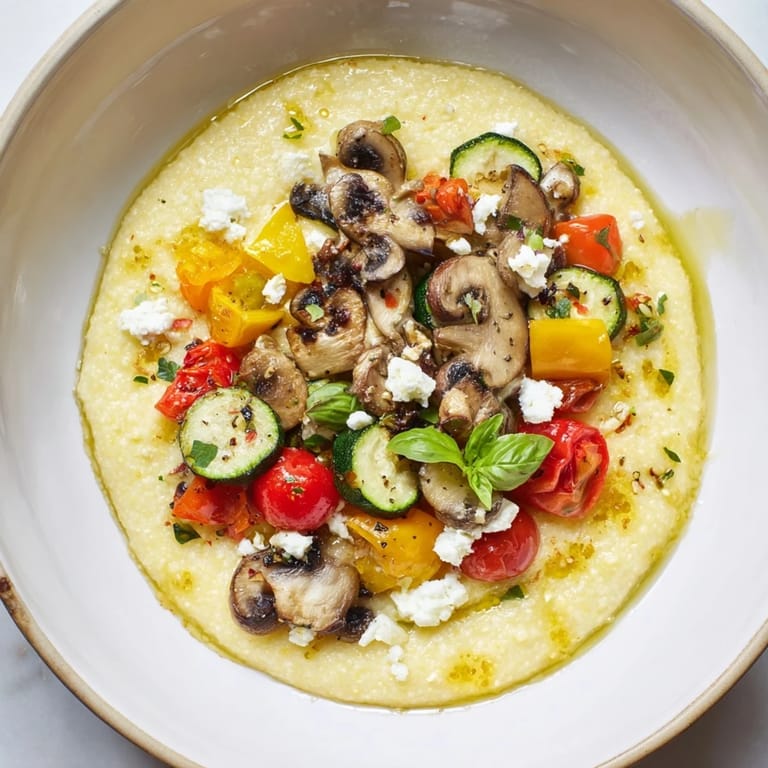 A close-up of a Cornmeal Mush Polenta Bowl, topped with mushrooms, herbs, and a drizzle of olive oil.