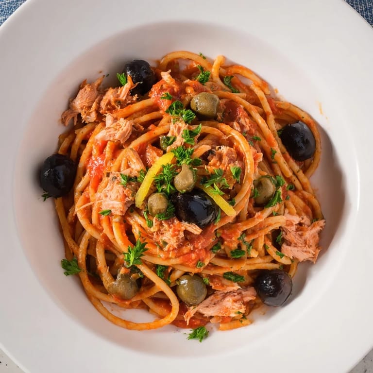 Salty olives and capers mingle with tuna in this vibrant Pasta with Tuna, Olives & Capers meal.