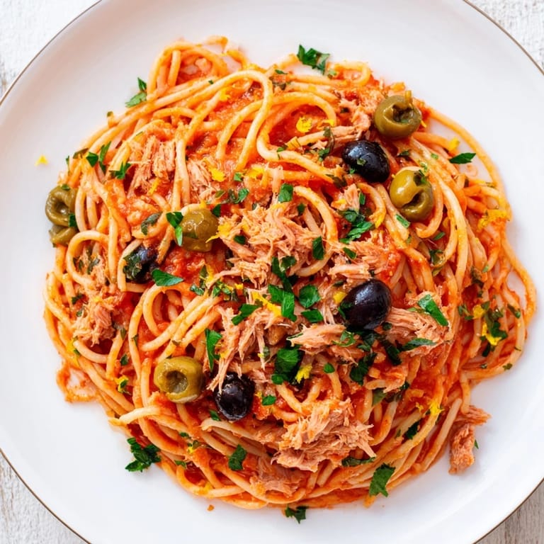 Tuna, Olives & Capers pasta, glistening with olive oil and fresh parsley, invites a delicious bite.