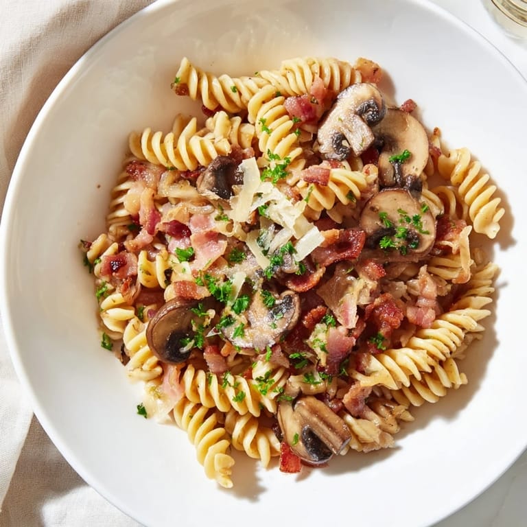 Golden-brown fusilli with bacon and veggies, a delicious Italian-inspired main dish.