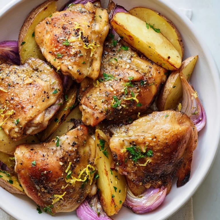 Sheet pan Greek Lemon Chicken and Potatoes, perfectly crisp chicken thighs atop tender wedges, ready to eat.
