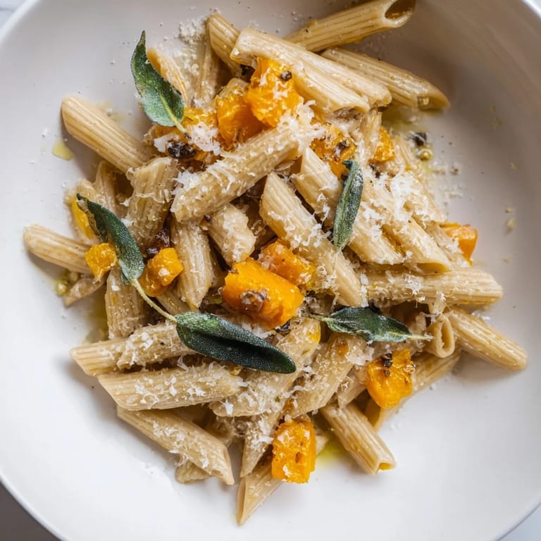 Close-up of creamy Brown Butter Pasta with tender butternut squash, ready to eat with sage.