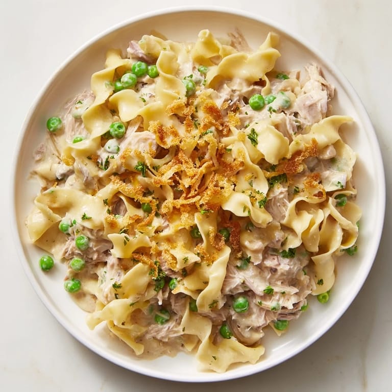 A bubbling, creamy Tuna Noodle Casserole, topped with crunchy fried onions, ready to serve and enjoy.