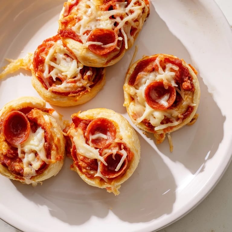 Close-up of baked Mini Pepperoni Pizza Pinwheels with crispy edges, inviting you to take a bite.