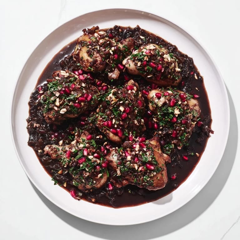 A beautifully simmered Budget Fesenjan Stew showcases tender chicken in a rich, walnut-pomegranate sauce.