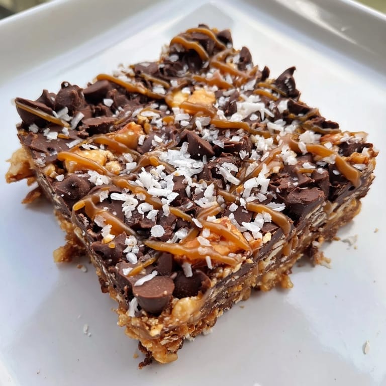 Close-up of baked 7-Layer Magic Bars, a delectable dessert with chocolate chips, coconut, and nuts.