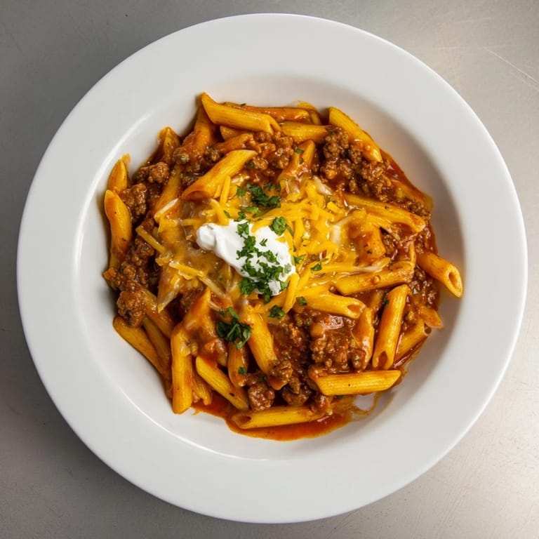 A steaming bowl of easy beef enchilada pasta, with hints of cilantro and sour cream.