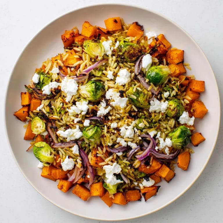 A close-up of the Best Fall Harvest Orzo Salad, showcasing colorful roasted vegetables and orzo.