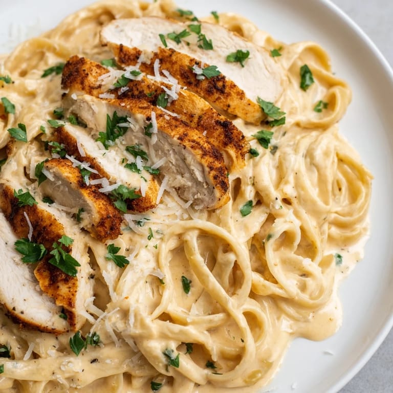 Imagine the aroma: Spicy Cajun chicken atop perfectly sauced Cajun Chicken Alfredo Fettuccine Pasta, a comforting feast.