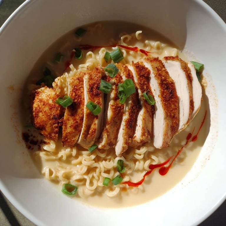 A close-up view of the rich, red Fiery Chicken Ramen, highlighting the savory garlic sauce and glistening noodles.