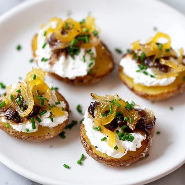 Warm, bite-sized portions of Lightened French Onion Potato Bites, perfect for parties, with rich French onion taste.