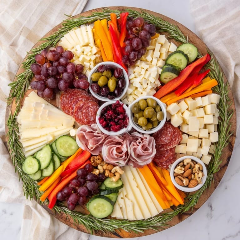 Beautiful array of cheese and meats: this Simplified Grazing Board Wreath welcomes hungry guests to the party.