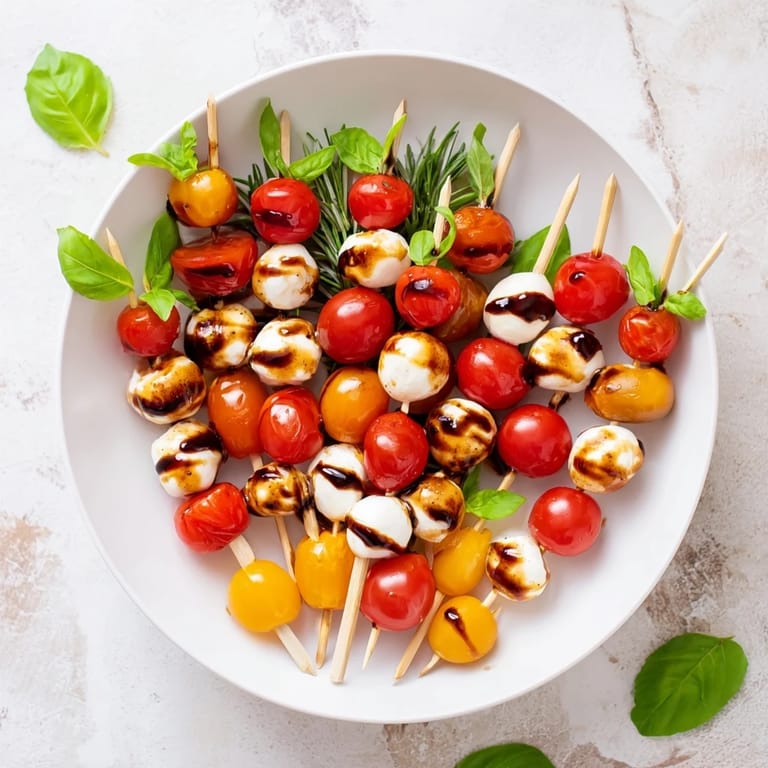 Perfectly assembled Easy Christmas Tree Caprese Skewers, a refreshing appetizer garnished before serving and styled for the holidays.