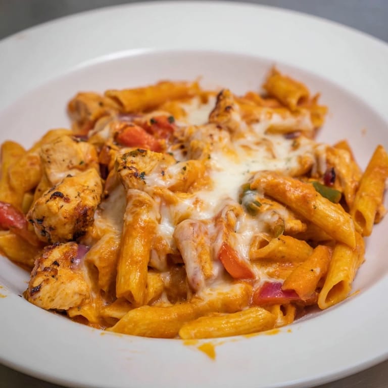 A close-up of Baked Salsa Chicken Pasta, showing the delicious sauce, perfectly cooked pasta, and cheese.