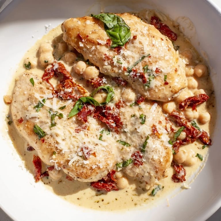 A steaming skillet of High-Protein Marry Me Chicken and Chickpeas, garnished with fresh herbs and ready to serve.