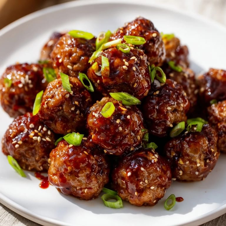 Appetizing close-up of tender Spicy Honey-Glazed Chicken Meatballs, ready to serve with rice.