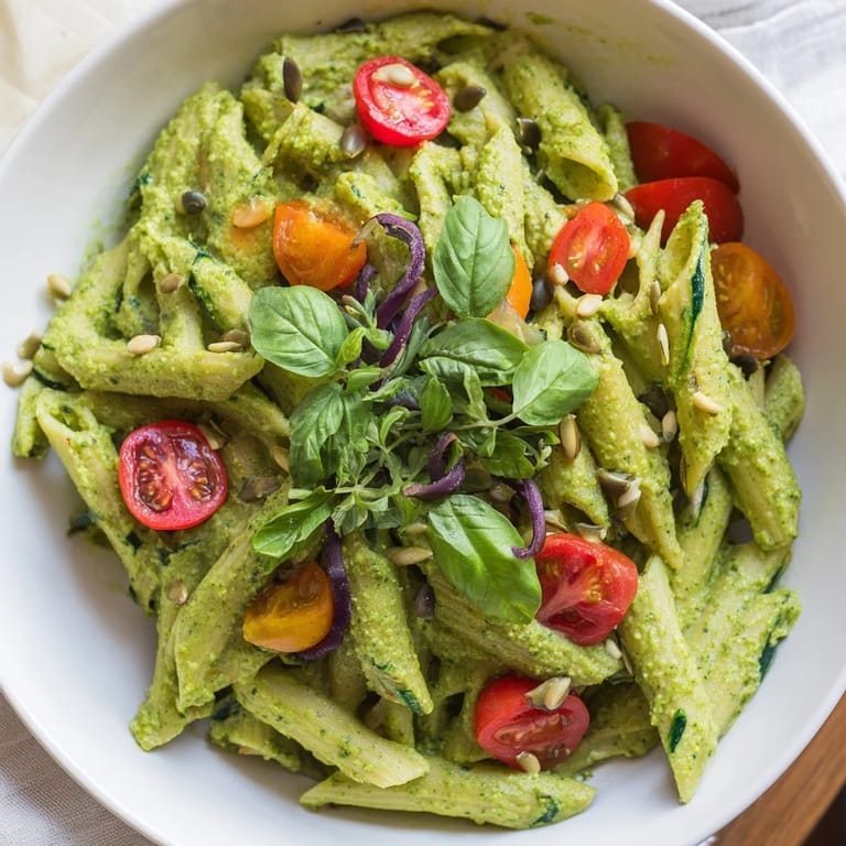 Vibrant Vegan Green Goddess Pasta made with fresh spinach, promising a flavorful, plant-based dinner.