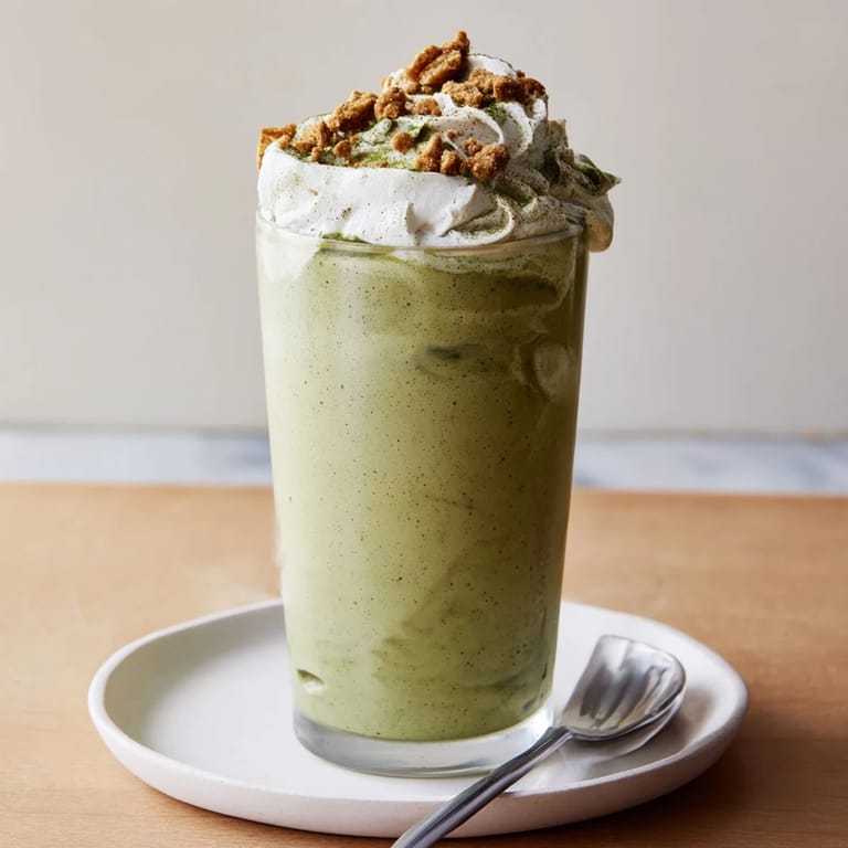 Frothy Sugar-Free Gingerbread Cookie Matcha Frappe, topped with whipped cream, promises a spiced, refreshing treat.