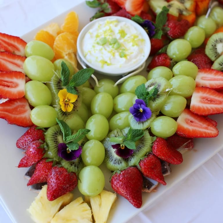 Vibrant image shows a Butterfly Garden Fruit Board, a healthy and fun party appetizer to serve.