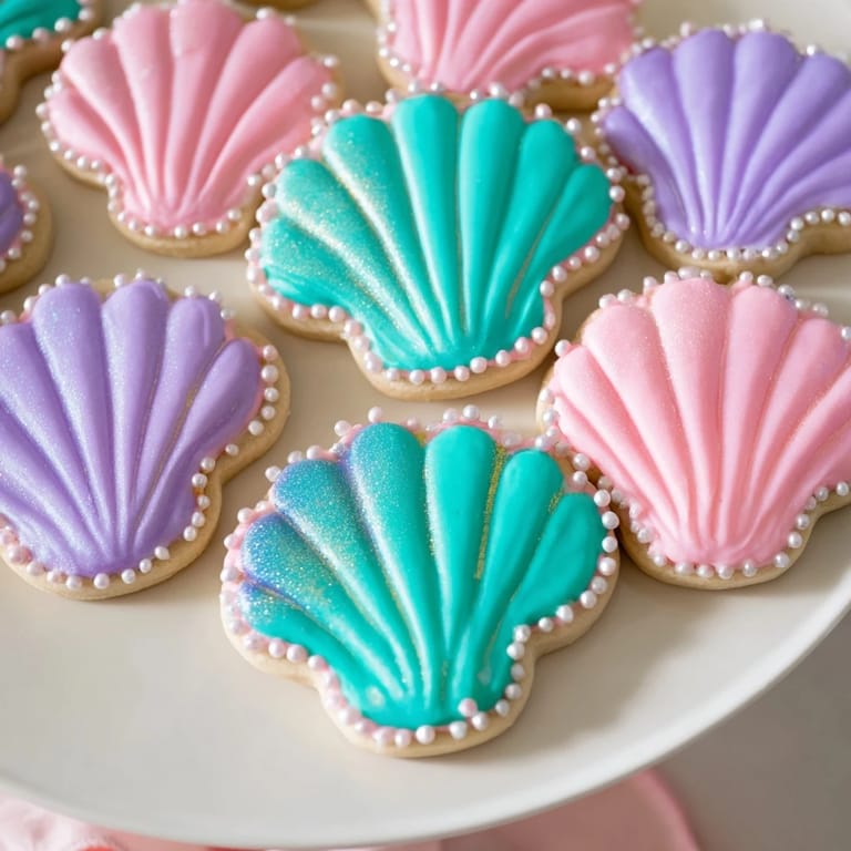 Close-up of freshly baked Seashell Sweets, showcasing whimsical shapes and sparkling shimmer dust decoration.