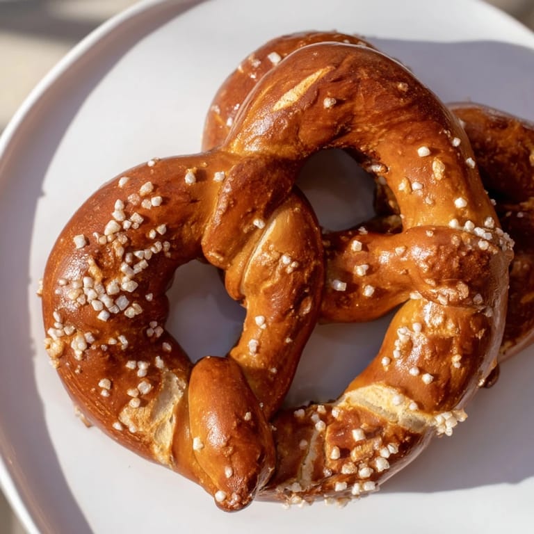 Freshly baked Bretzels Anneau de Fête, shaped into festive rings, smelling wonderfully of yeast and baking.