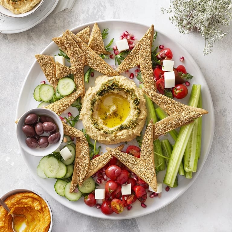 A tempting image of a three kings star pita board, complete with creamy hummus and roasted veggies to enjoy.