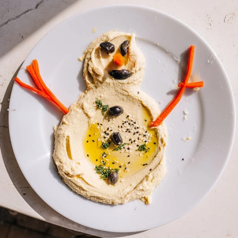 This delightful Melted Snowman hummus platter features a fun design, ideal for a winter appetizer.