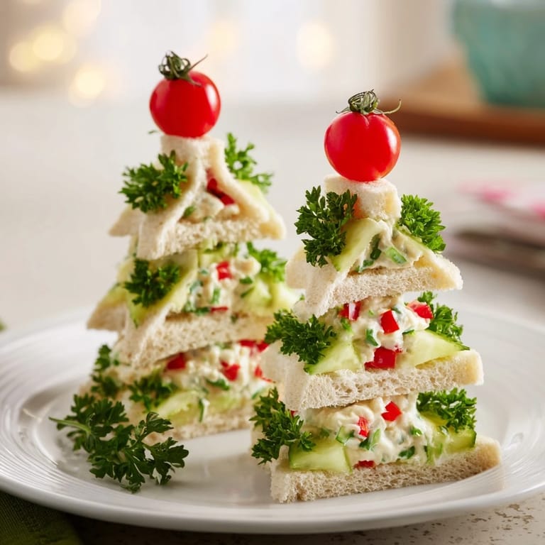 Freshly made Stacked Star Christmas Tree Sandwiches, featuring colorful layers and parsley “pine needles,” yum!